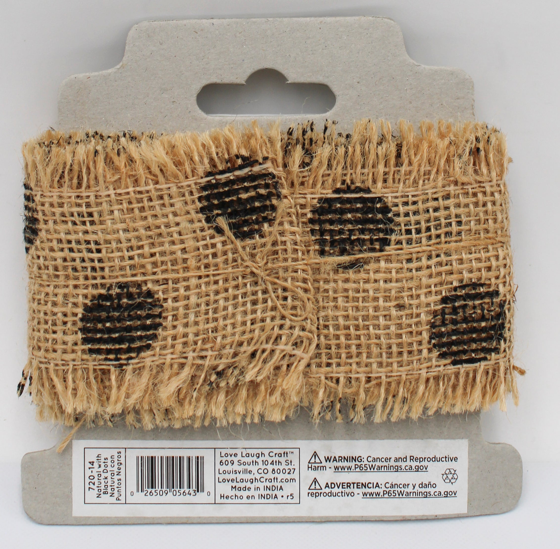 2.5 IN   X 3 YD   NATURAL BURLAP RIBBON - FRAYED EDGES - BLACK SCREENPRINT DOTS