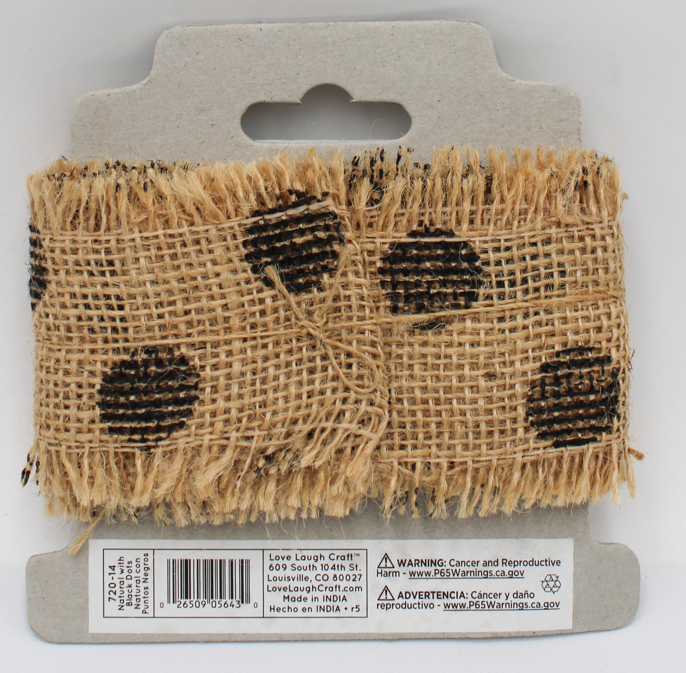 2.5 IN   X 3 YD   NATURAL BURLAP RIBBON - FRAYED EDGES - BLACK SCREENPRINT DOTS