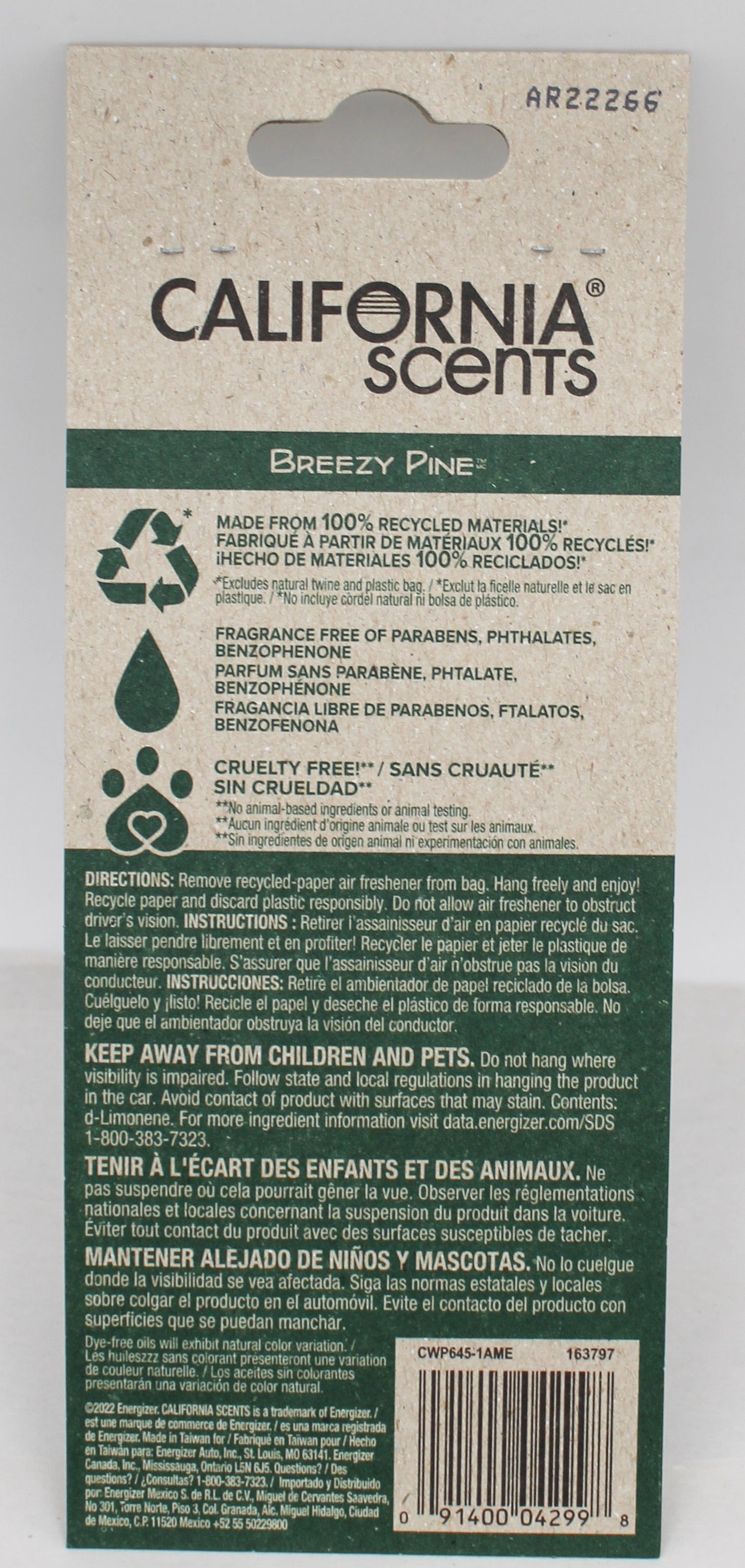 CALIFORNIA SCENTS AIR FRESHNERS RECYCLED 3D BREEZY PINE