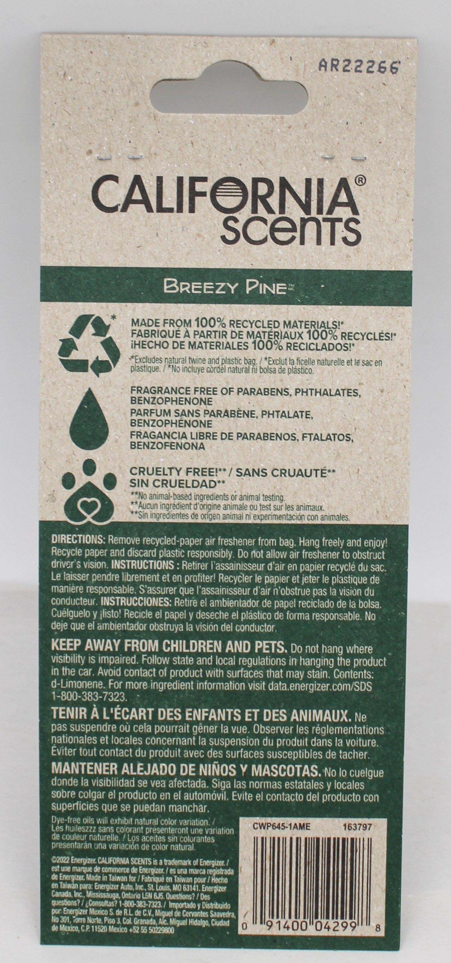 CALIFORNIA SCENTS AIR FRESHNERS RECYCLED 3D BREEZY PINE