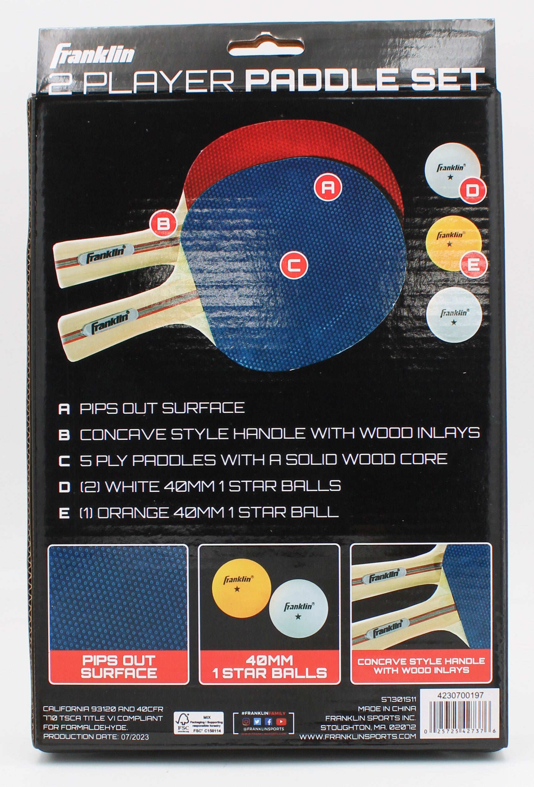 FRANKLIN 2 PLAYER PADDLE & 3 TABLE TENNIS  BALL SET