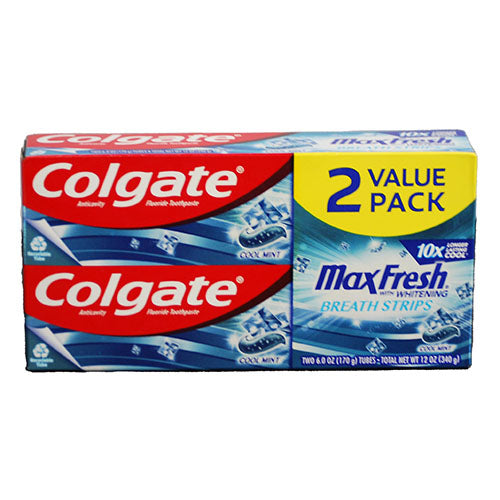 COLGATE MAXFRESH TOOTHPASTE W/BREATH STRIPS 2PK 6OZ-COOL MINT EXP 10/24 NI