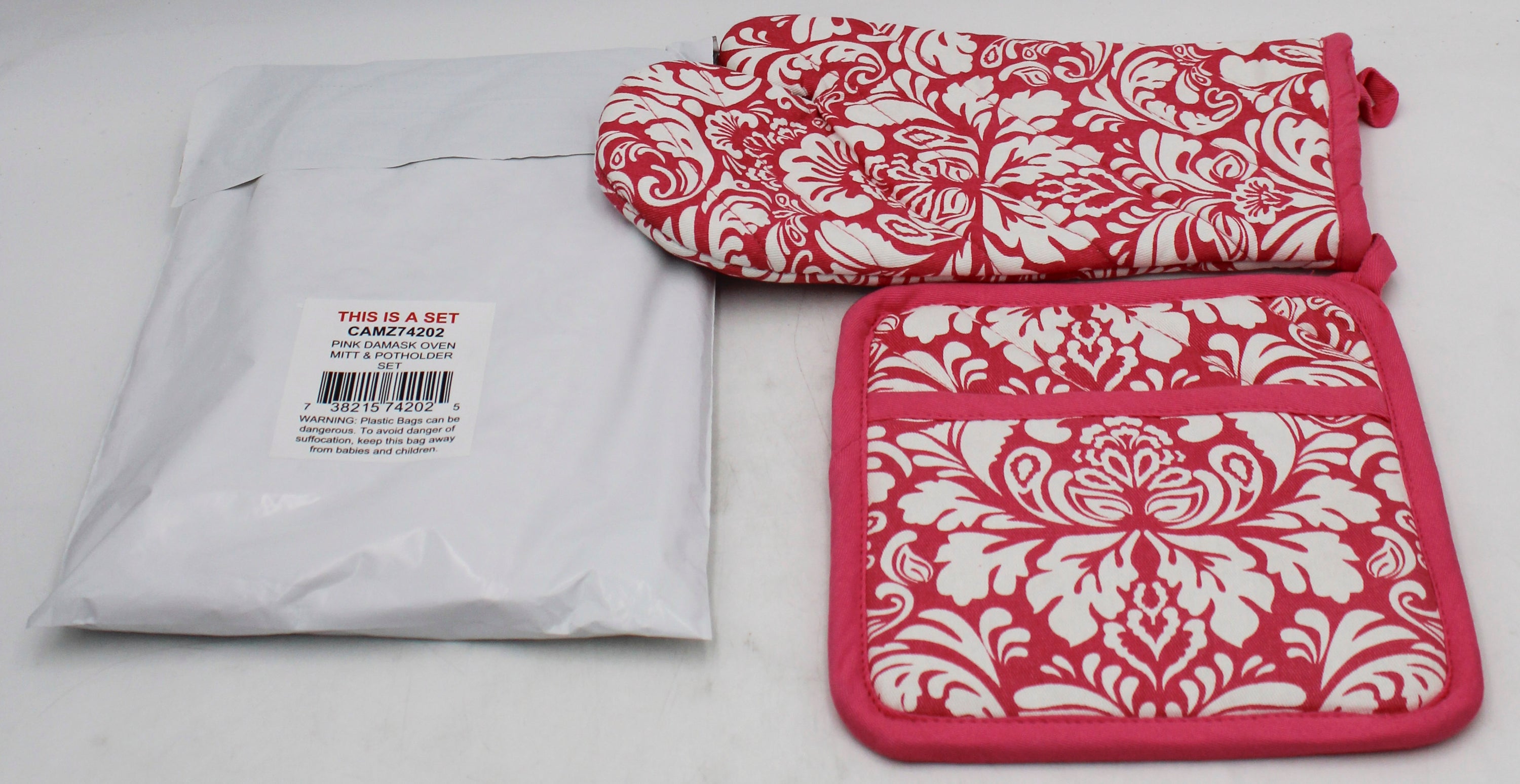 2 CT OVEN MITT & POTHOLDER SET - PINK DAMASK