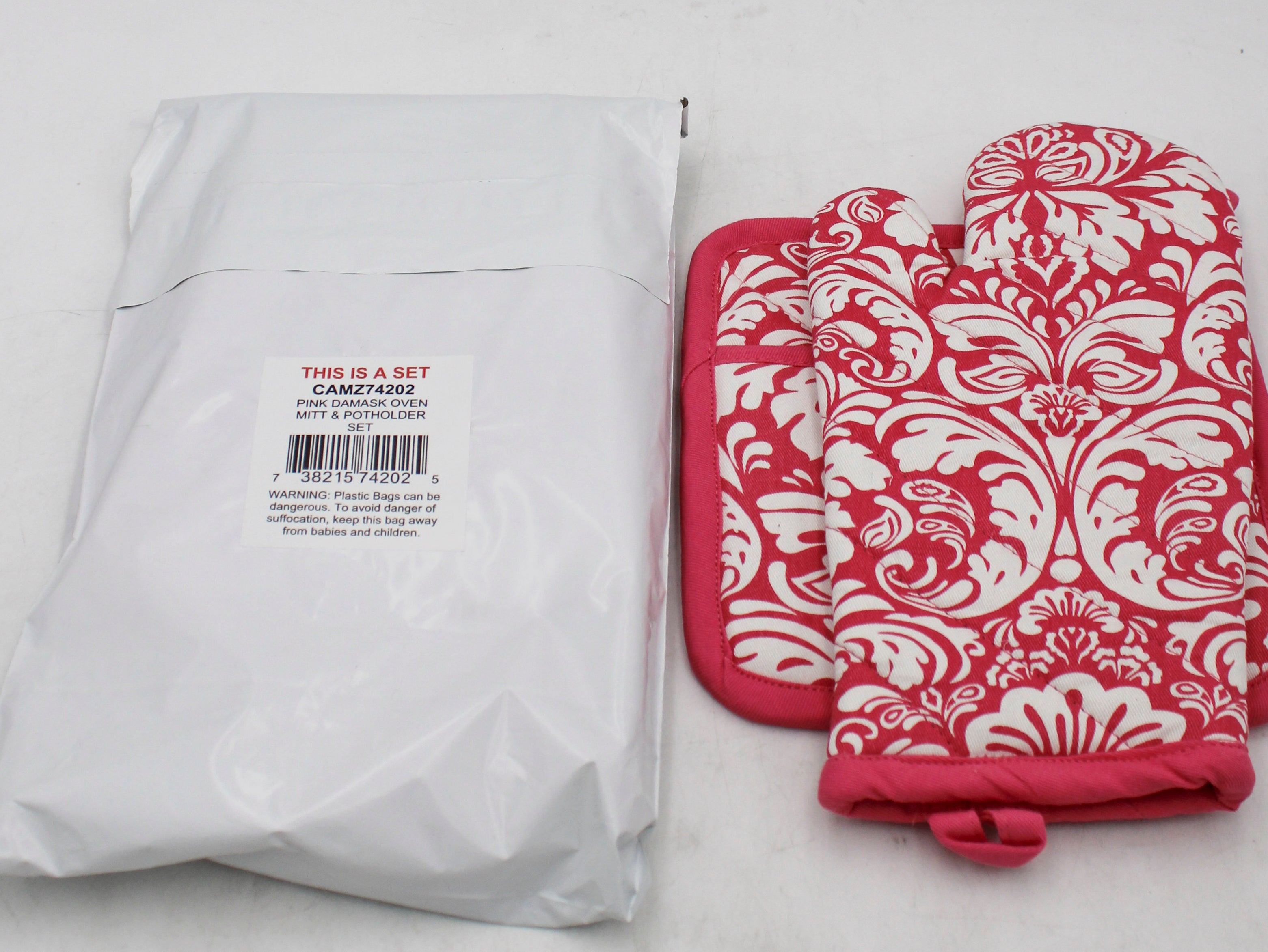 2 CT OVEN MITT & POTHOLDER SET - PINK DAMASK