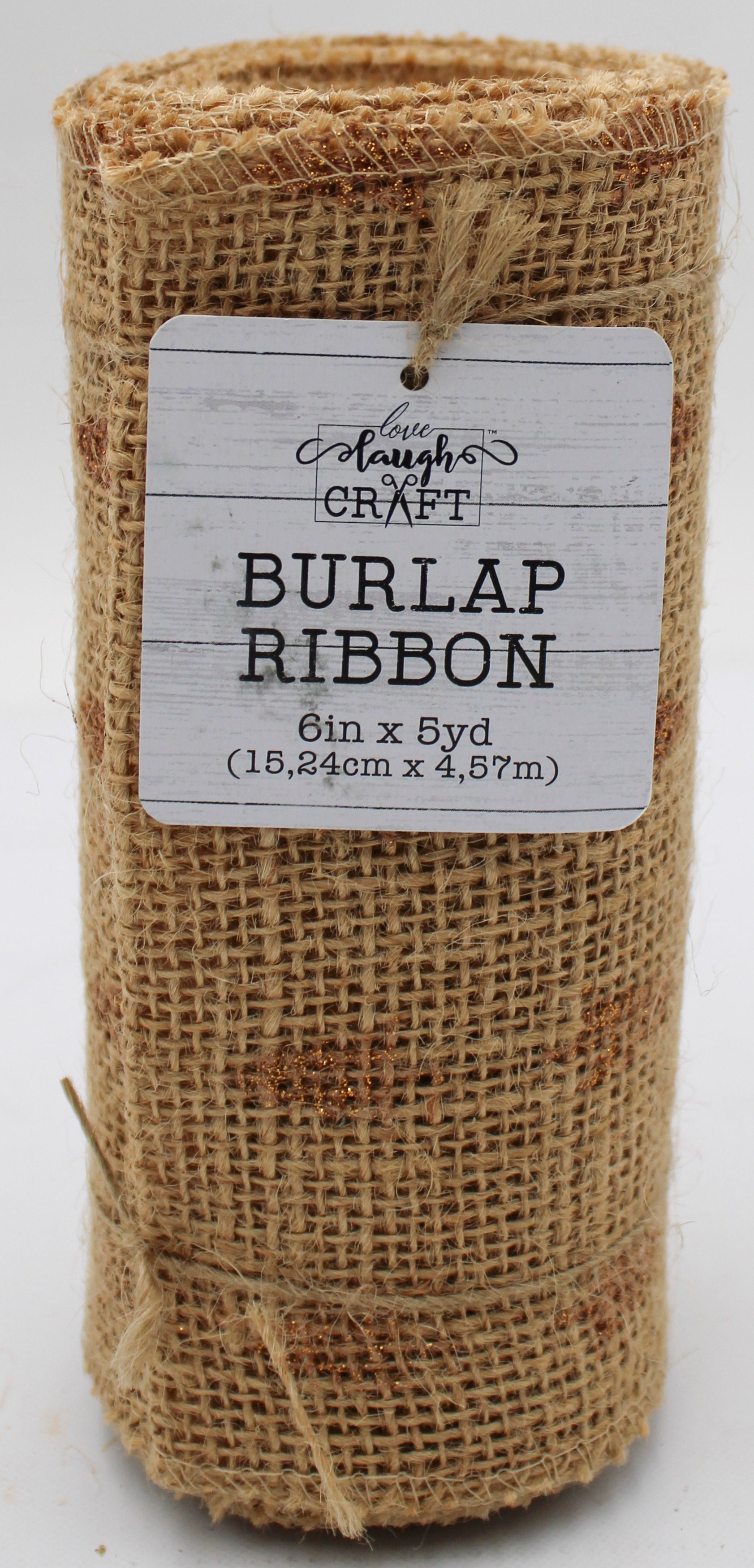 6 IN X 5 YD BURLAP RIBBON - NATURAL BRONZE TREE GLITTER