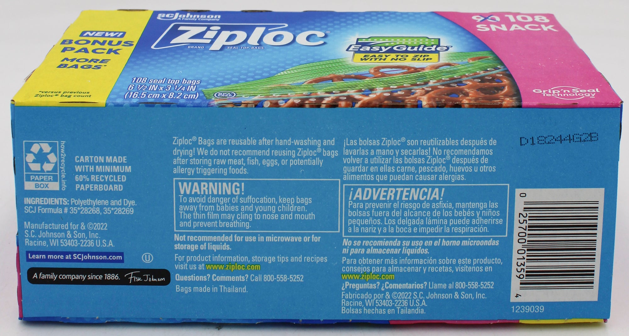 SP ZIPLOC BAG 108CT SNACK
