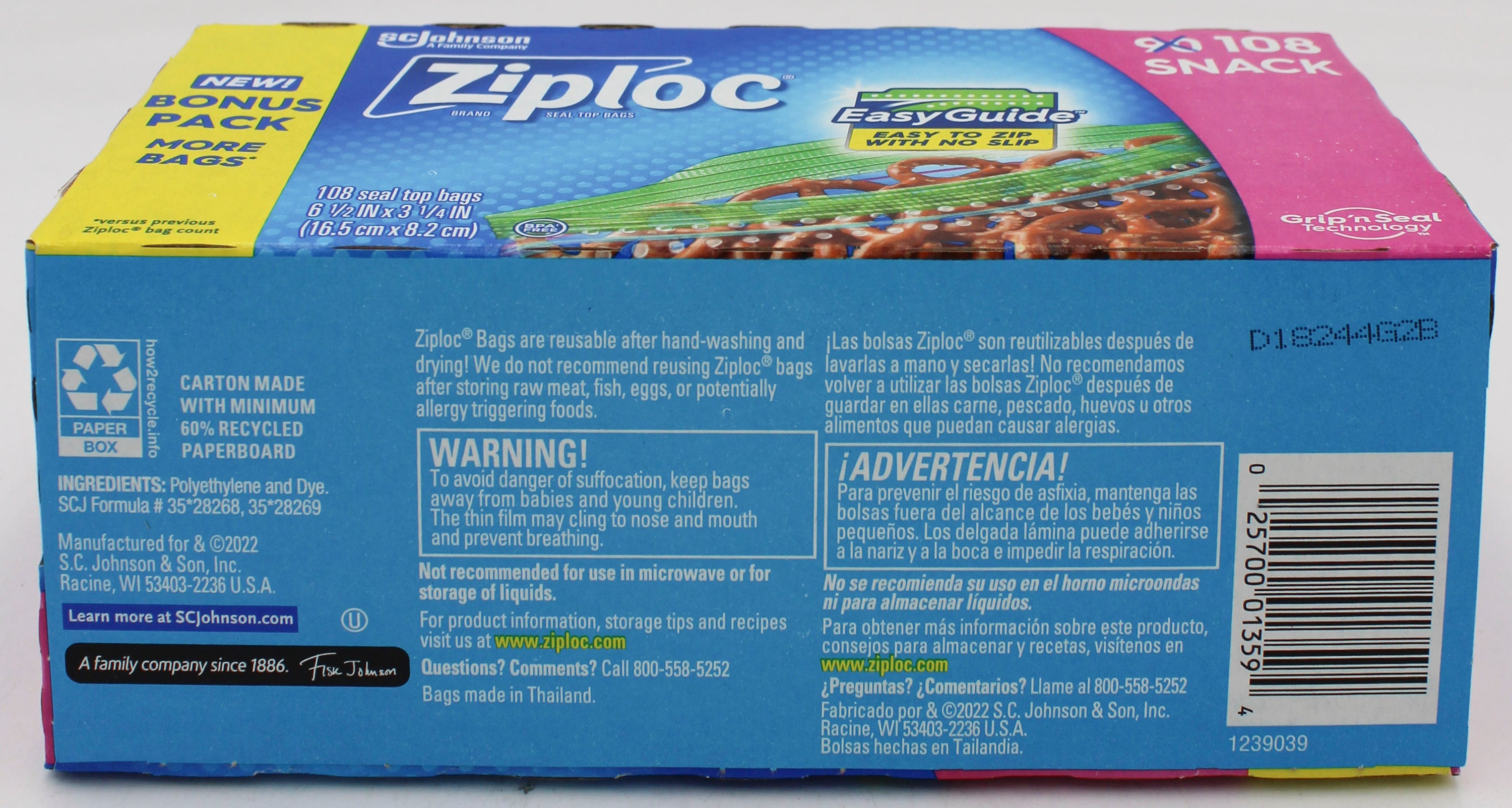 SP ZIPLOC BAG 108CT SNACK