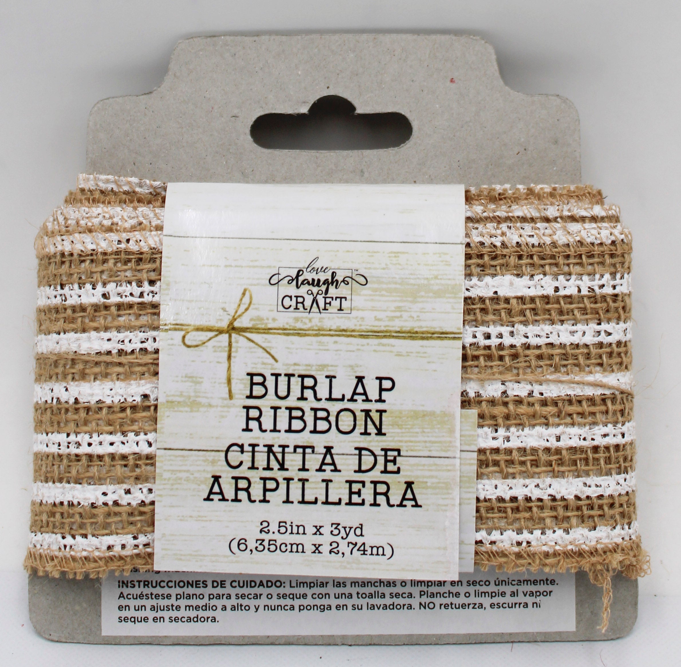 2.5 IN   X 3 YD   NATURAL BURLAP RIBBON - FRAYED EDGES - WHITE SCREENPRINT STRIPE
