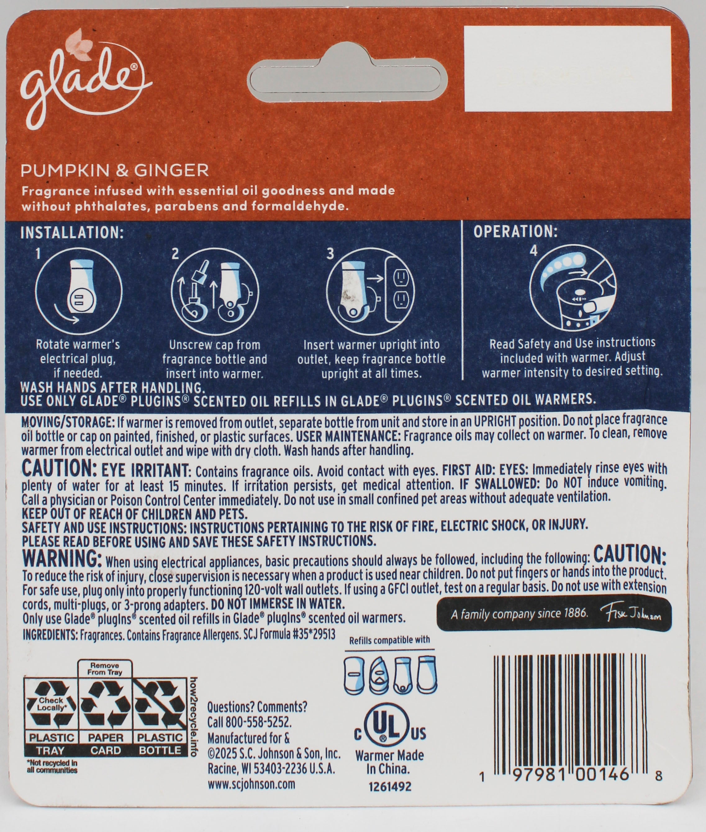 SP GLADE PLUGINS 1 WARMER + 2 REFILLS 0.67oz PUMPKIN & GINGER