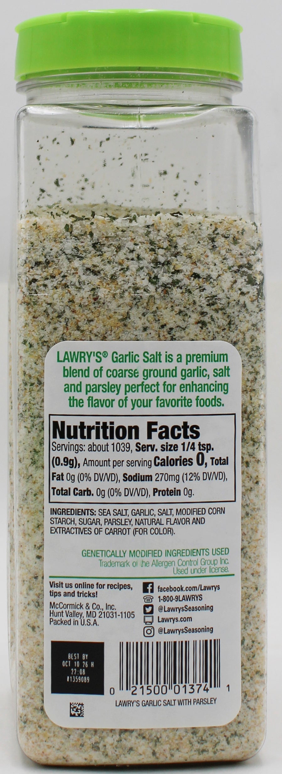 LAWRYS GLUTEN FREE GARLIC SALT W/ PARSELY 33Oz BB 10/10/2026
