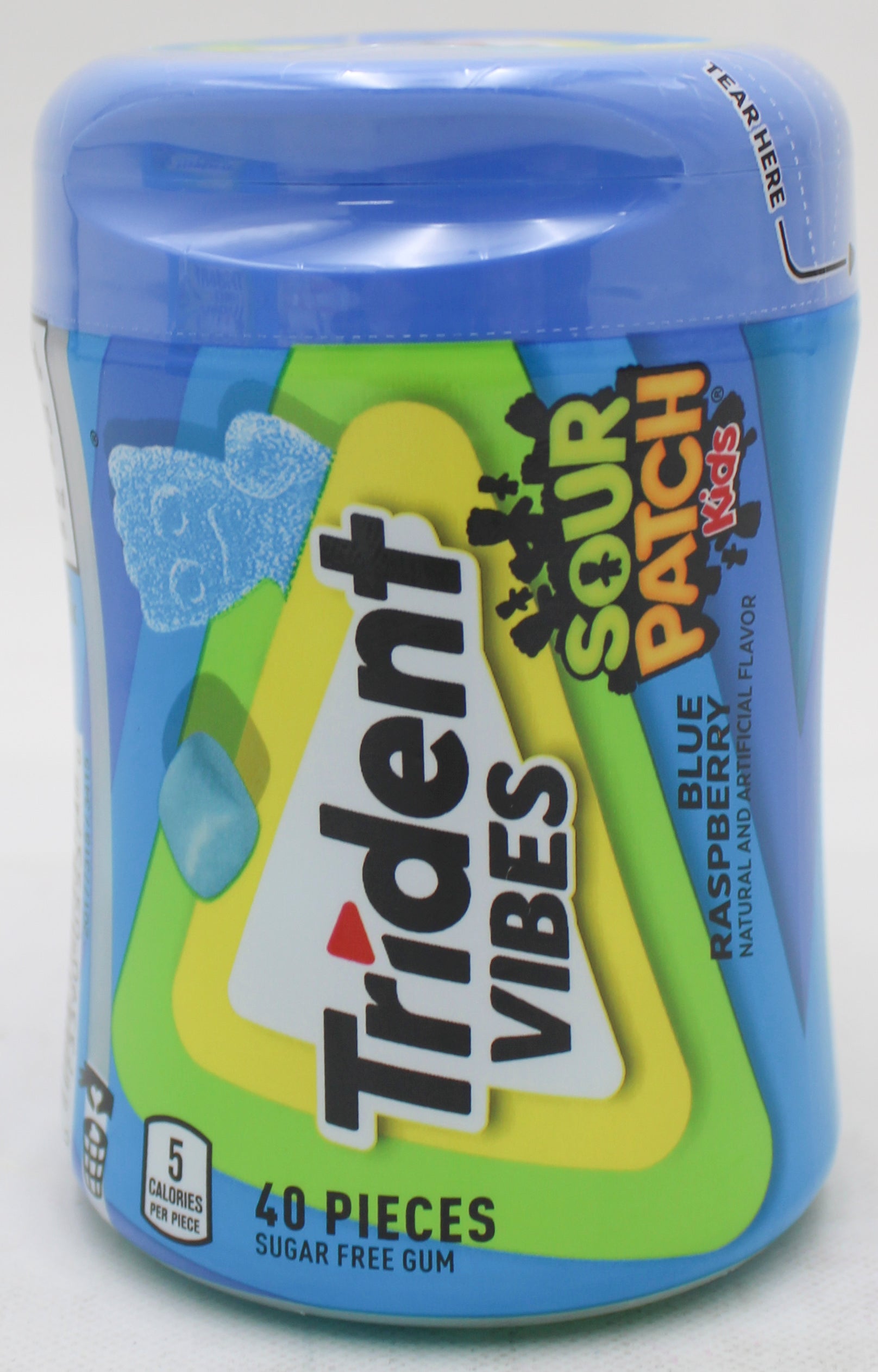 TRIDENT VIBES SOUR PATCH KIDS SUGAR-FREE CHEWING GUM, BLUE RASPBERRY, 40-PIECE BOTTLE BB 2/22/27 NI