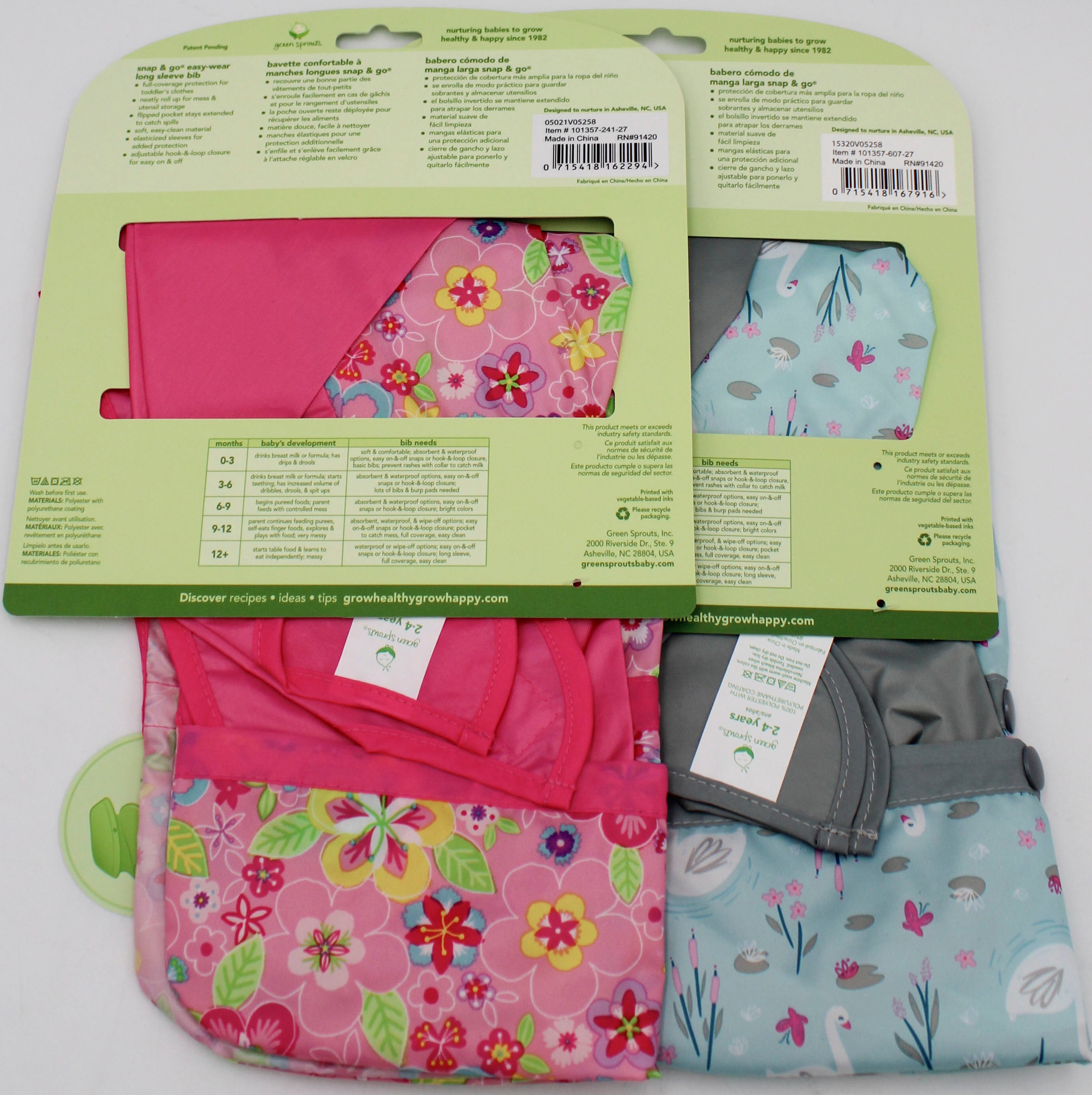 O2COOL SNAP & GO EASY WEAR LONG SLEEVE BIB - AQUA SWAN & PINK FLOWER FIELD - 2T-4T NI