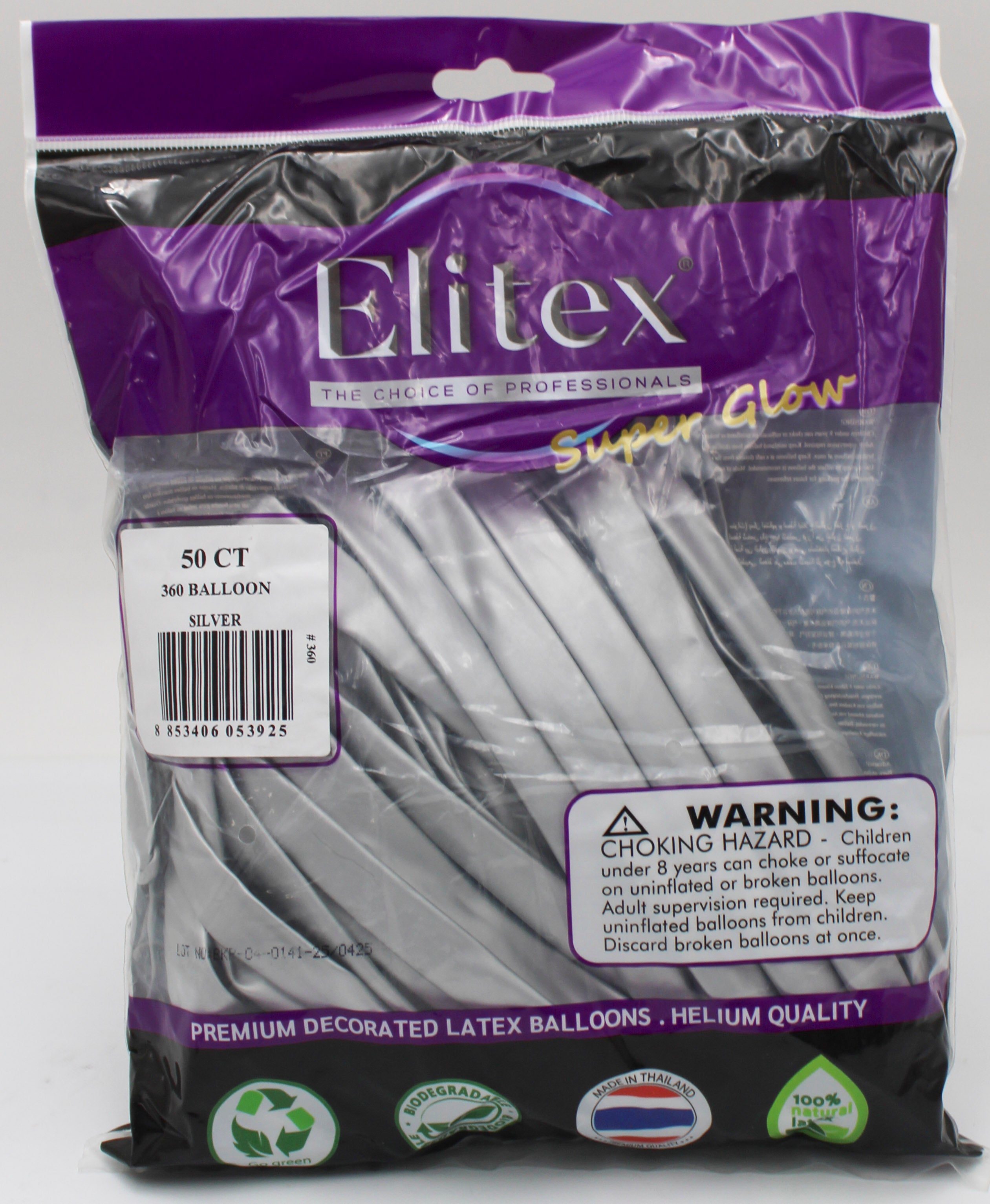 ELITEX 360" SUPERGLOW SILVER MODELLING BALLOON, 50 PACK