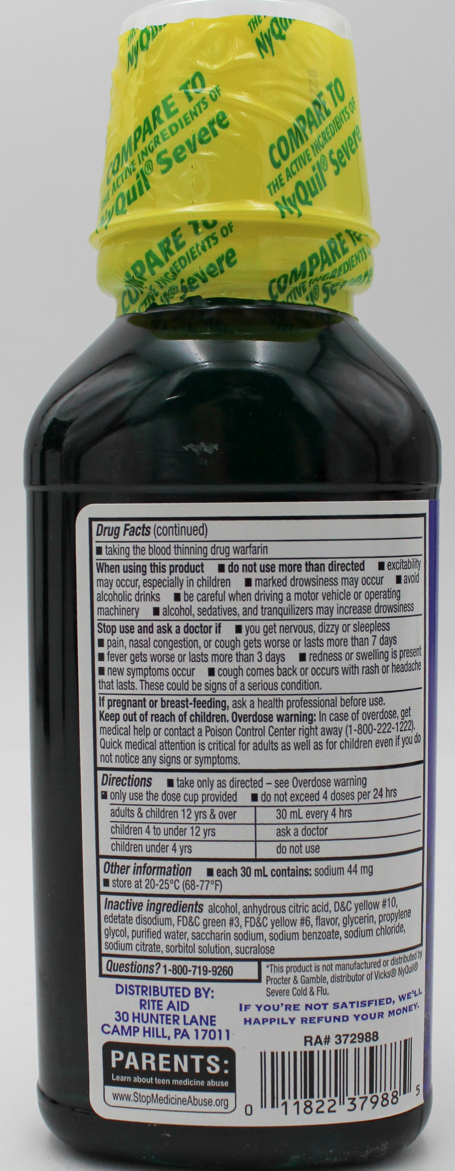 RITE AID NIGHTTIME SEVERE COLD & FLU RELIEF MAXIMUM STRENGTH 12oz EXP 12/31/2026 COMPARES TO NyQuil