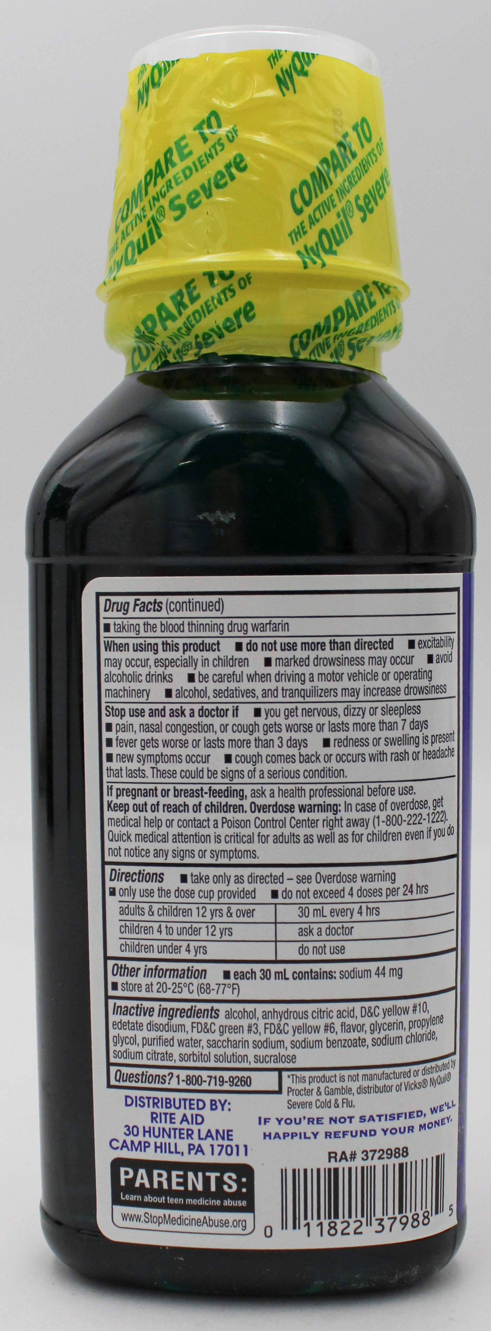 RITE AID NIGHTTIME SEVERE COLD & FLU RELIEF MAXIMUM STRENGTH 12oz EXP 12/31/2026 COMPARES TO NyQuil