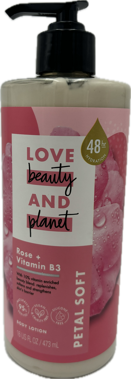 LOVE BEAUTY PLANET BODY LOTION ROSE + VITAMIN B3 PETAL SOFT 16oz