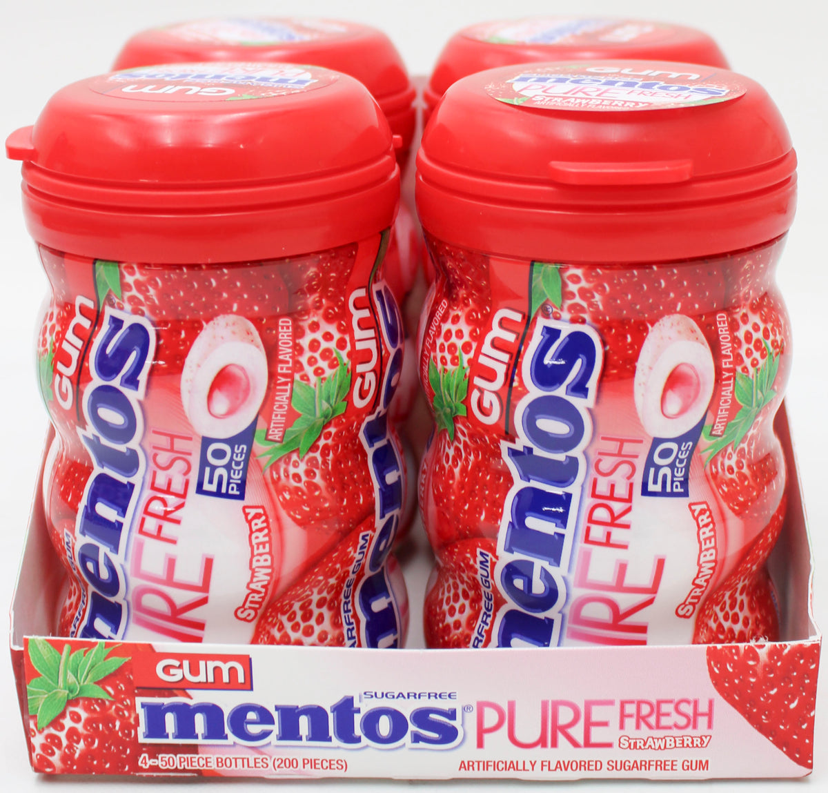 MENTOS PURE FRESH SUGAR-FREE CHEWING GUM, STRAWBERRY, 50-PIECE CURVY BOTTLE CLUB PACK BB 4/30/27 NI
