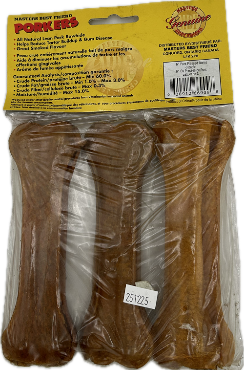 3PK 6" PRESSED PORK RAWHIDE BONES  EXPIRATION DATE: 12/25/25