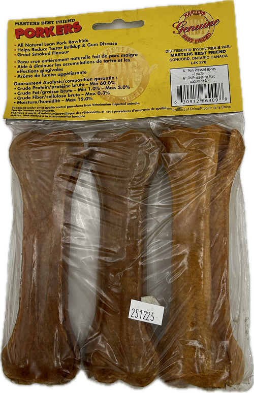 3PK 6" PRESSED PORK RAWHIDE BONES  EXPIRATION DATE: 12/25/25