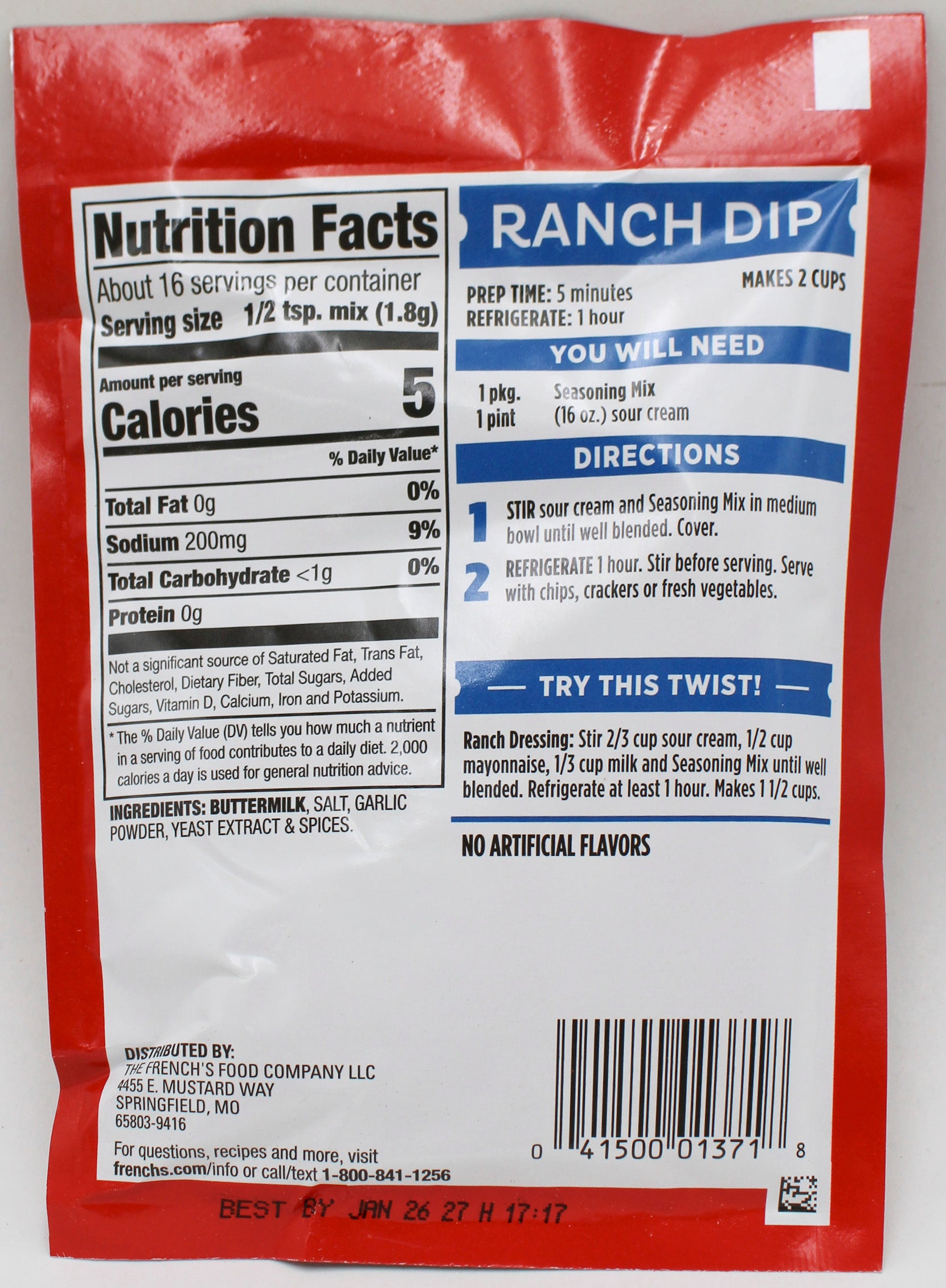 FRENCH'S RANCH SEASONING MIX 1 Oz BB 1/26/2027