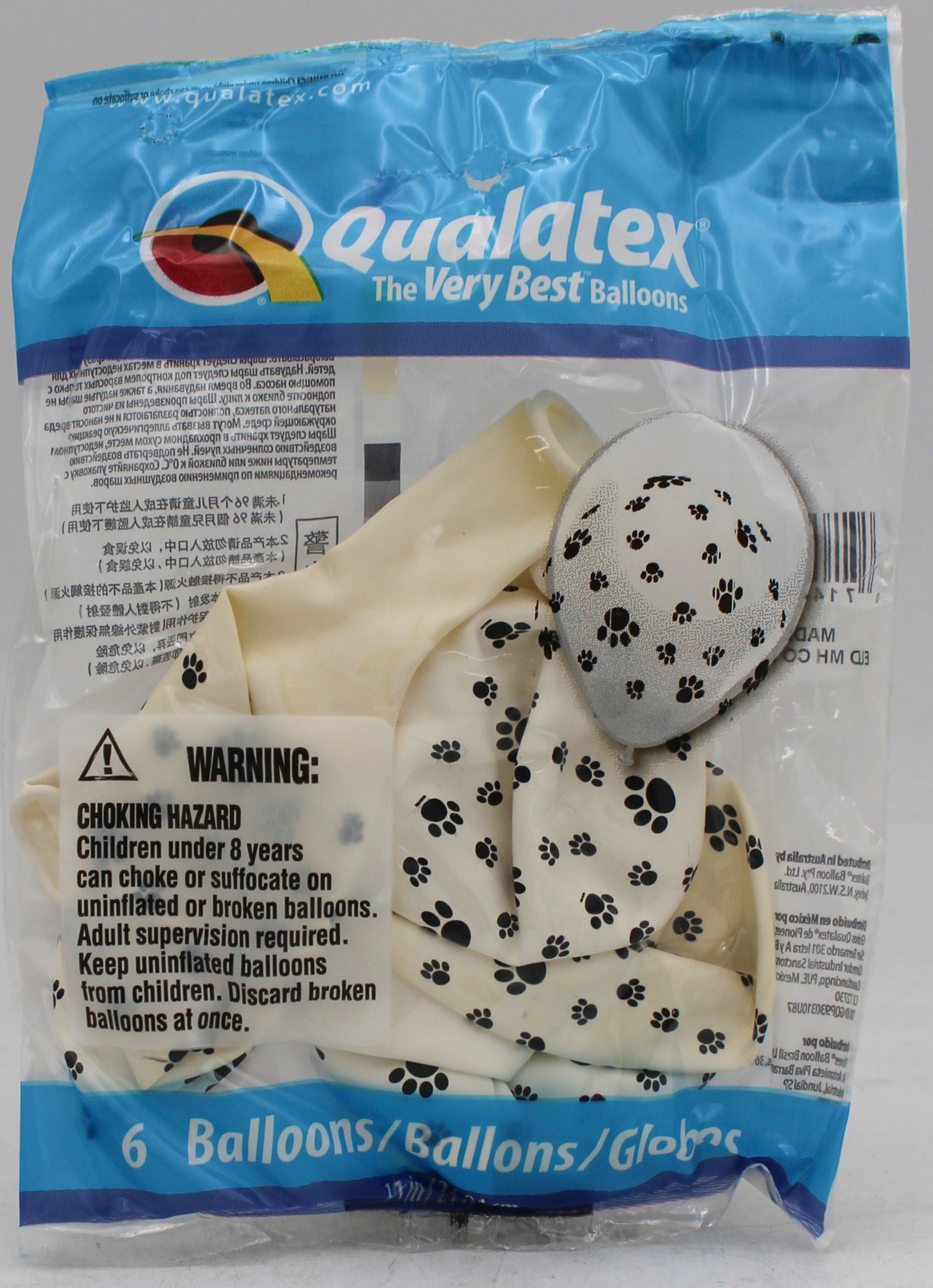 QUALATEX 11" ROUND PARTY BALLOONS WHITE 6CT PAW PRINTS-A-RND