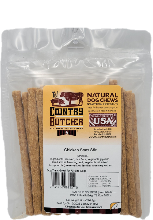 THE COUNTRY BUTCHER NATURAL DOG CHEWS CHICKEN SNAX STICKS 8oz BAG BB 8/12/26