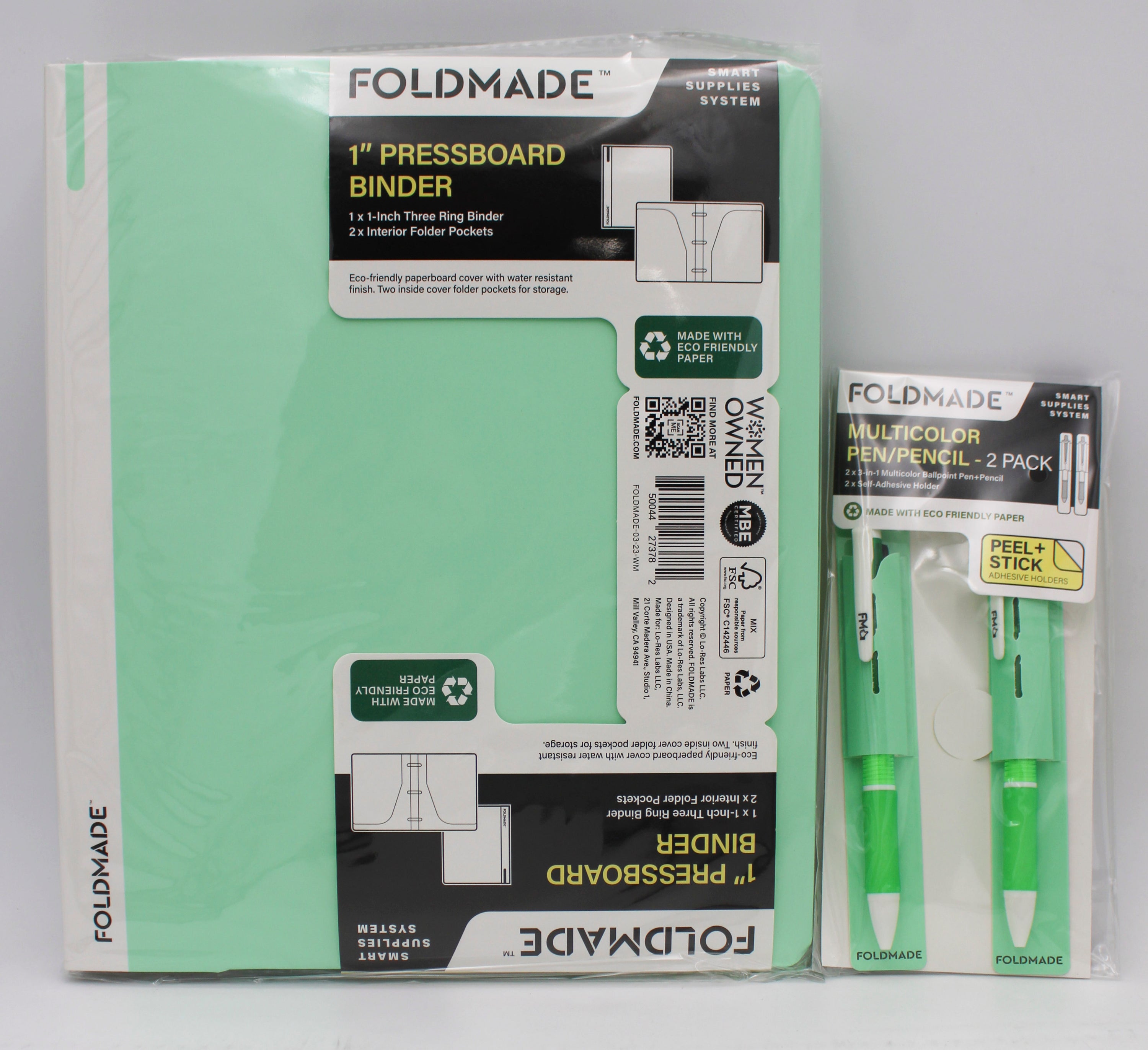 1" PRESSBOARD BINDER W/2pc PEN SET - GREEN