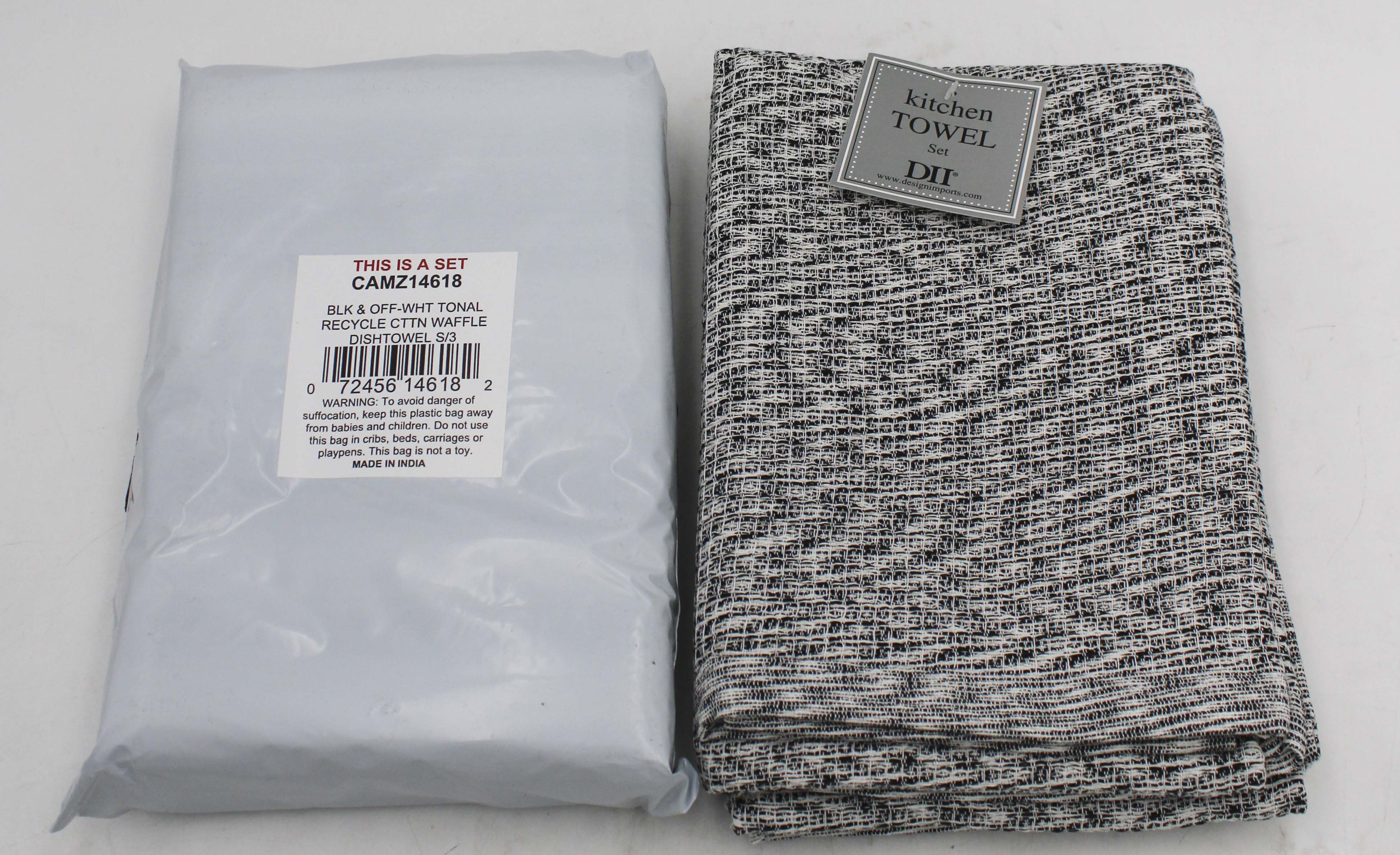 3CT DISHTOWEL SET - BLACK/OFF-WHITE TONAL RECYCLED COTTON WAFFLE
