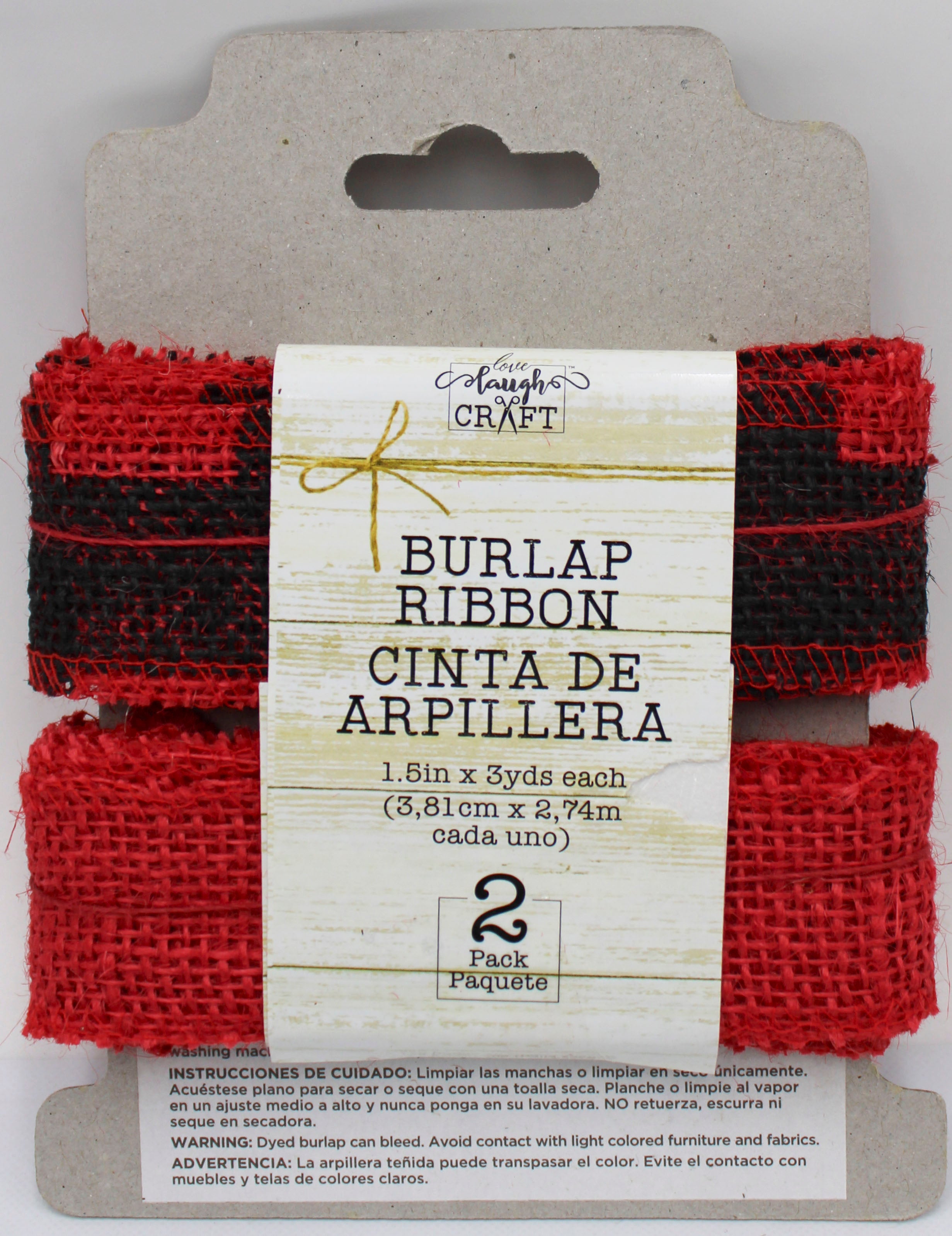1.5 IN   X 3 YD   SET - RED BURLAP RIBBON AND BLACK SCREENPRINT BUFFALO CHECK RED RIBBON - FRAYED EDGES