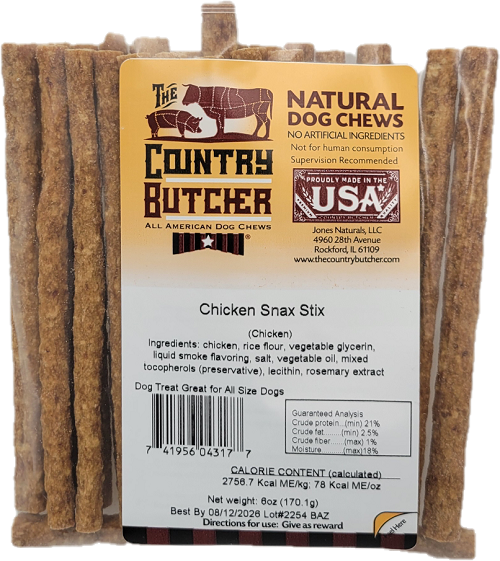 THE COUNTRY BUTCHER NATURAL DOG CHEWS CHICKEN 25CT SNAX STICKS 6ozBAG BB 8/12/26