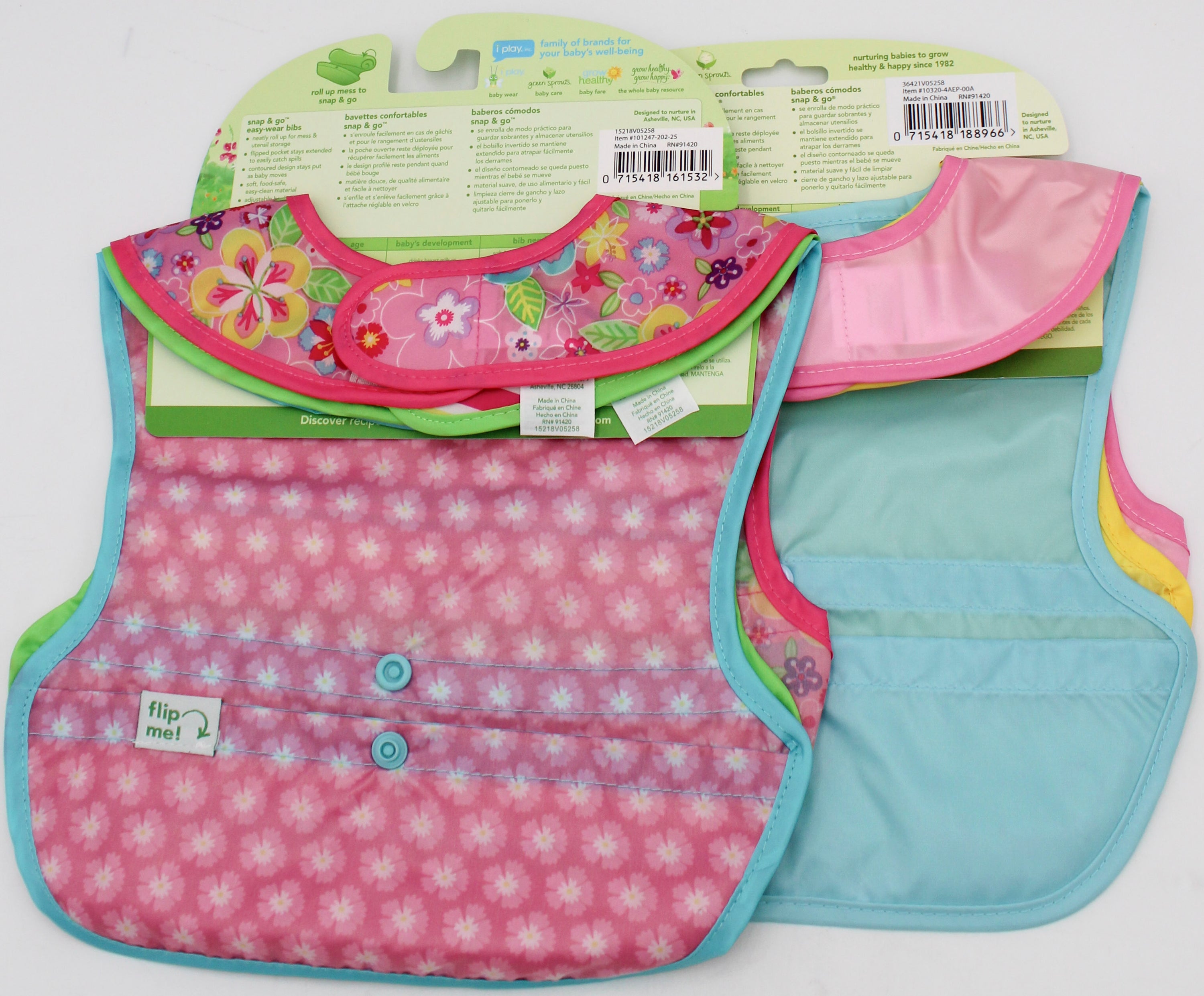O2COOL 3PK SNAP & GO EASY-WEAR PULL-OVER BIB -PINK SOLID & FLOWER FIELD - 9MO-18MO NI
