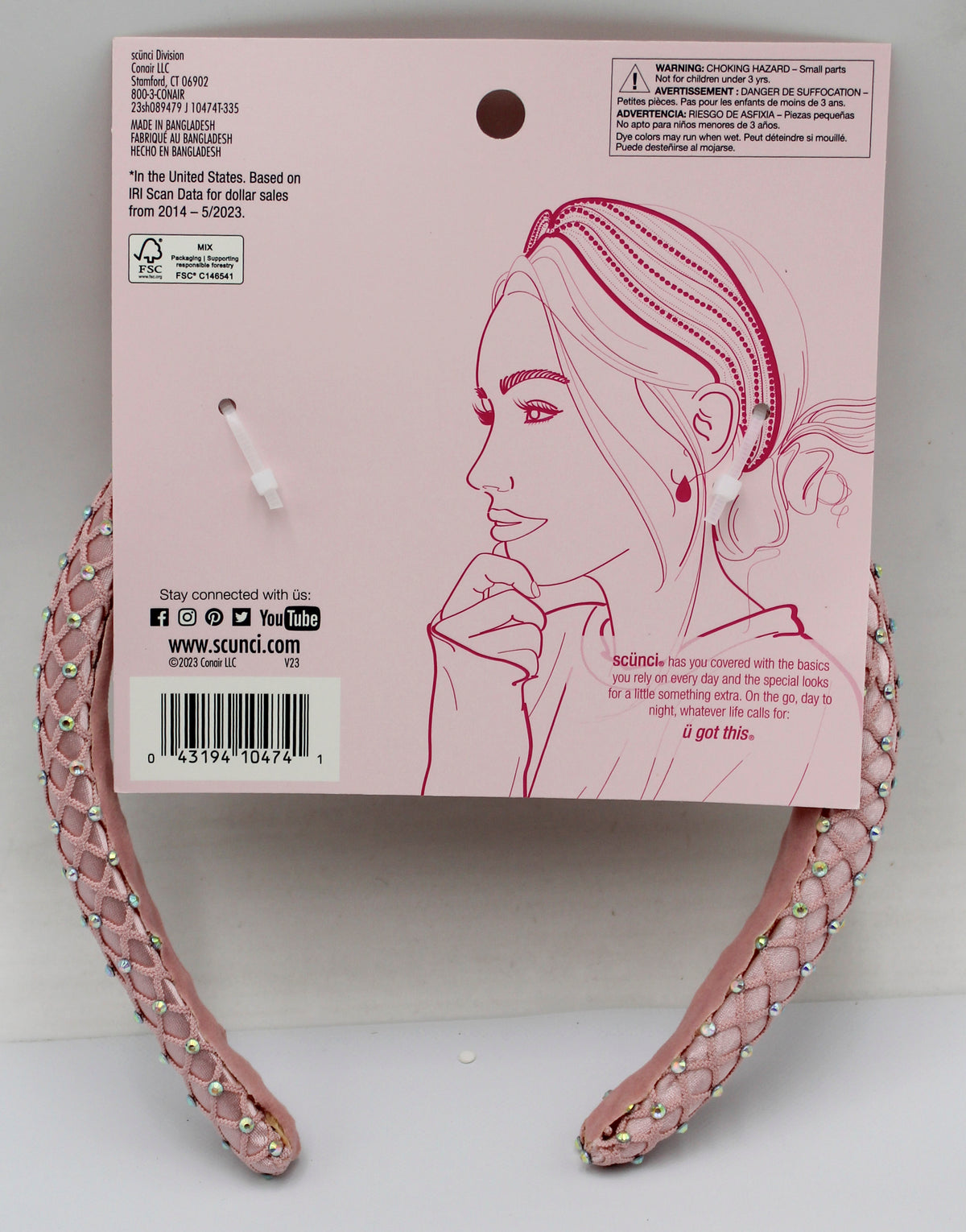 SCUNCI PINK PADDED HEADBAND WITH RHINESTONES NI