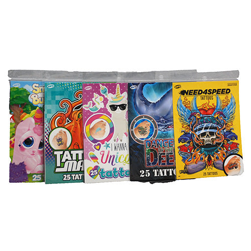 SAVVI 25PC BAG OF TATTOOS (Cars, Snuggle Buddies,Unicorn, Sharks, Tattoo Mania)