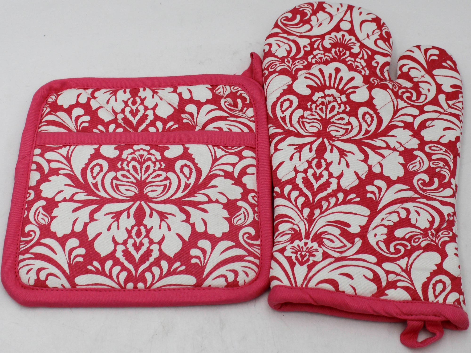 2 CT OVEN MITT & POTHOLDER SET - PINK DAMASK