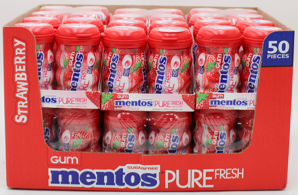 MENTOS PURE FRESH SUGAR-FREE CHEWING GUM, STRAWBERRY, 50-PIECE CURVY BOTTLE CLUB PACK BB 6/30/27 NI