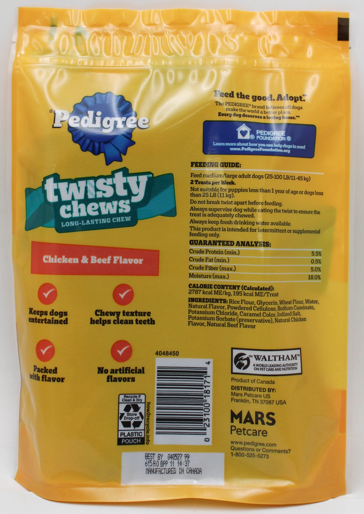 PEDIGREE TWISTY CHEWS DOG TREATS MEDIUM CHICKEN & BEEF FLAVOR 9.17 OZ. (4 PK) BB 2/10/2027