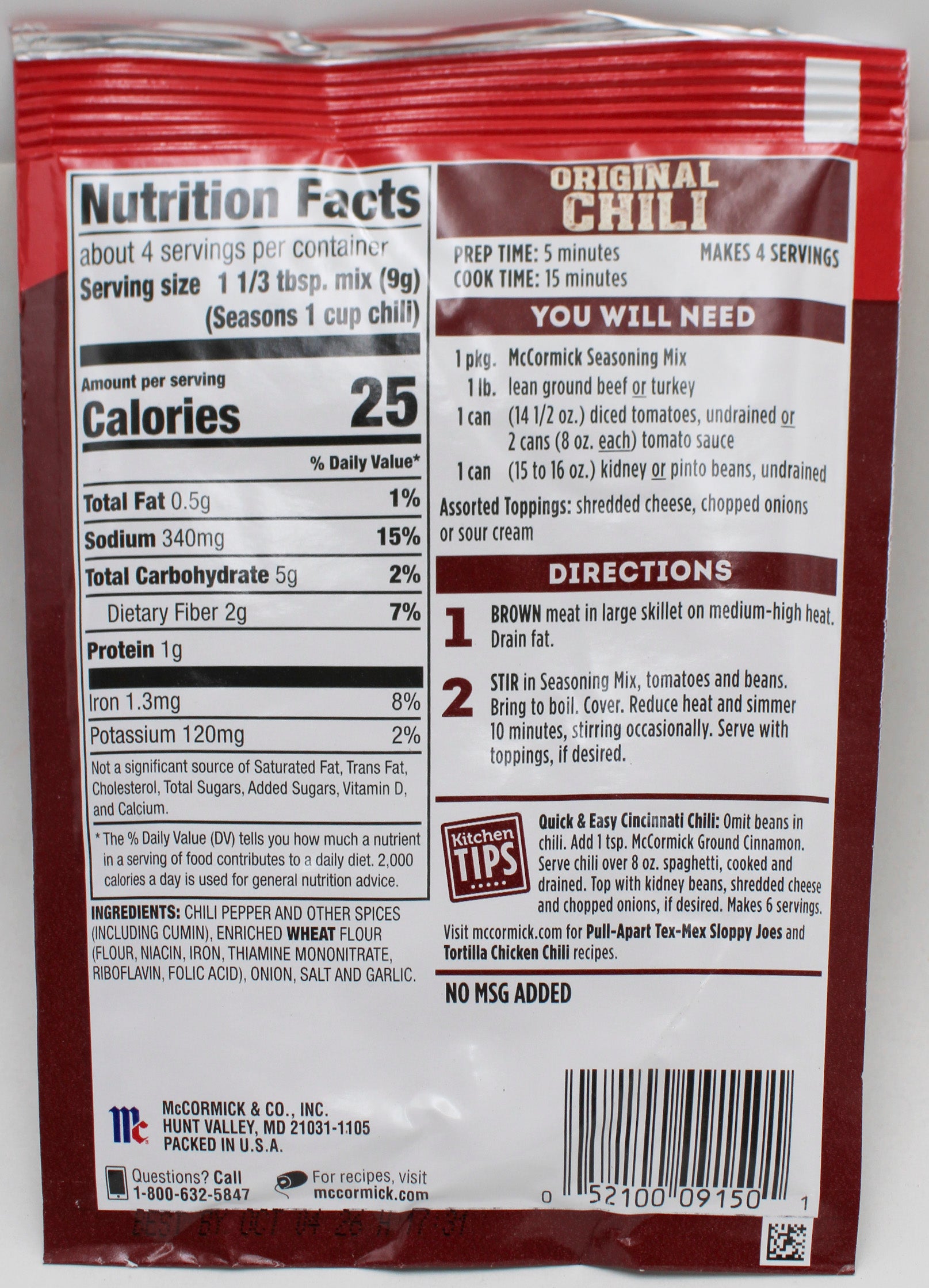MCCORMICK ORIGINAL CHILI SEASONING 1.25 Oz BB 10/4/2026
