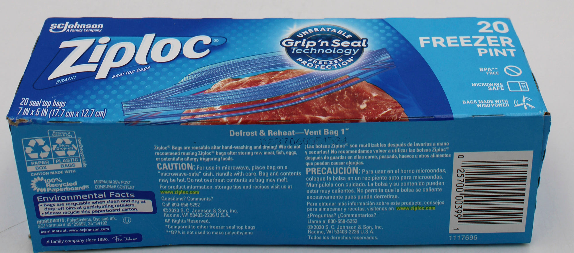 SP ZIPLOC BAG 20CT SEAL TOP FREEZER PINT
