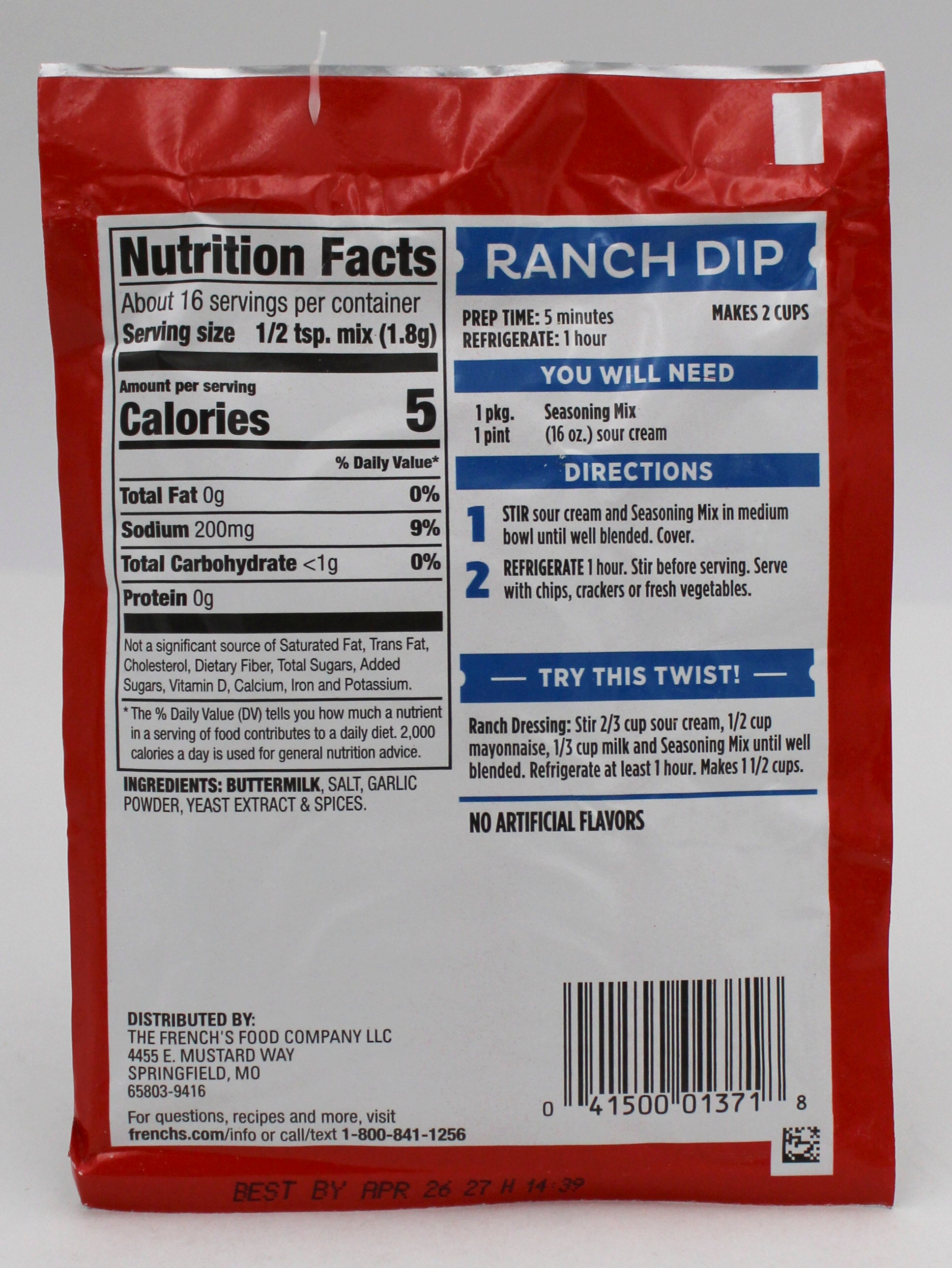FRENCHS RANCH SEASONING MIX 1 Oz BB 4/26/27