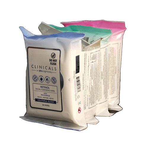 SPASCRIPTIONS FACIAL CLEANSING WIPES 4-30CT PACKS-COLLAGEN/DEAD SEA/CHARCOAL/RETINOL