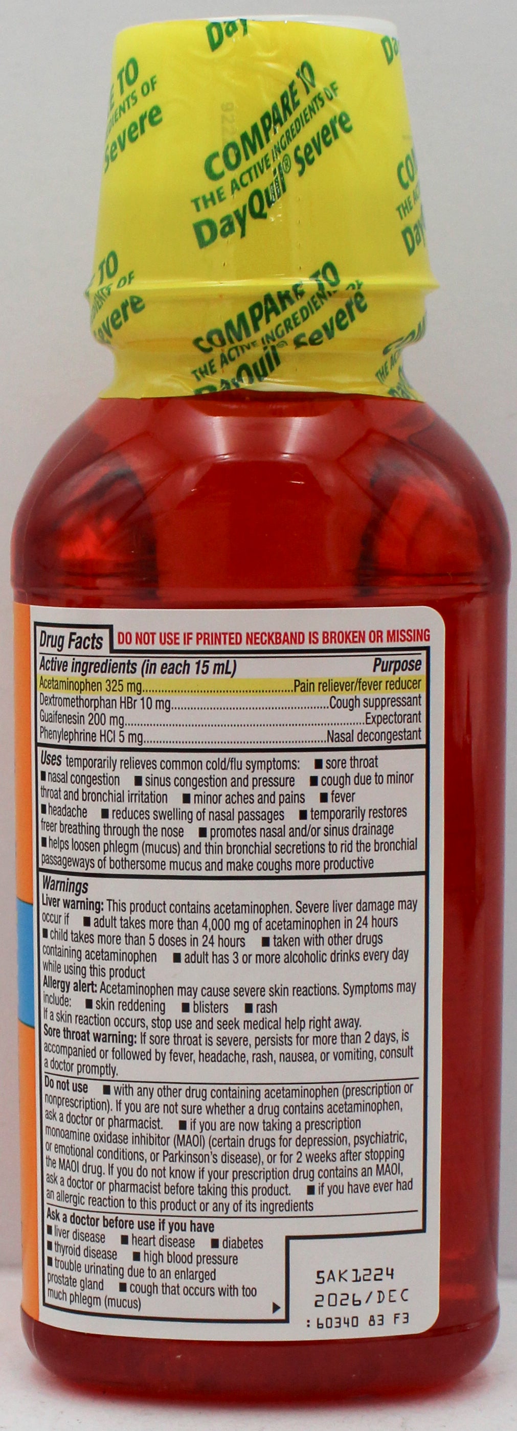 RITE AID DAYTIME SEVERE COLD & FLU RELIEF MAXIMUM STRENGTH 12oz EXP 2/28/2027 COMPARES TO Dayquil