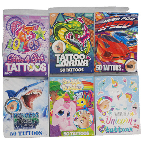 SAVVI 50PC BAG OF TATTOOS ASSORT(Sharks, Tattoo Mania, Cars, Glitter for Girls, Unicorns, & Snuggle Buddies)