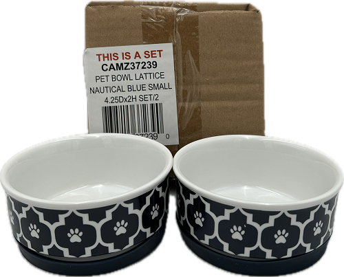 PET BOWL - LATTICE NAUTICAL BLUE - SMALL 4.25Dx2H SET/2