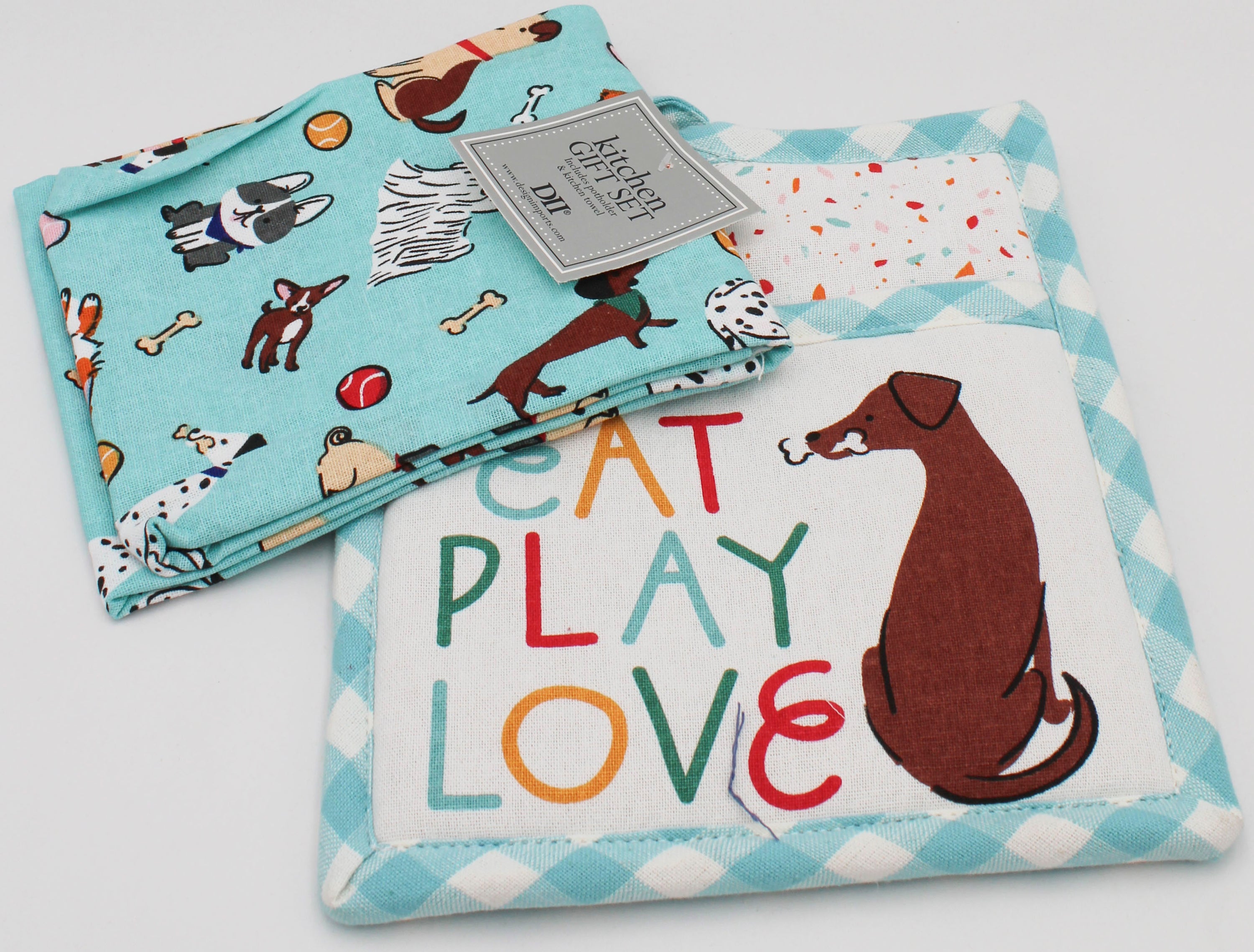 2PC GIFT SET - POTHOLDER AND DISHTOWEL - EAT PLAY LOVE