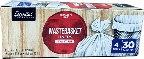 ESSENTIAL EVERYDAY SMALL 30CT 4 GALLON 1ft 5" X 1ft 6"  WASTE BAGS TWIST TIE