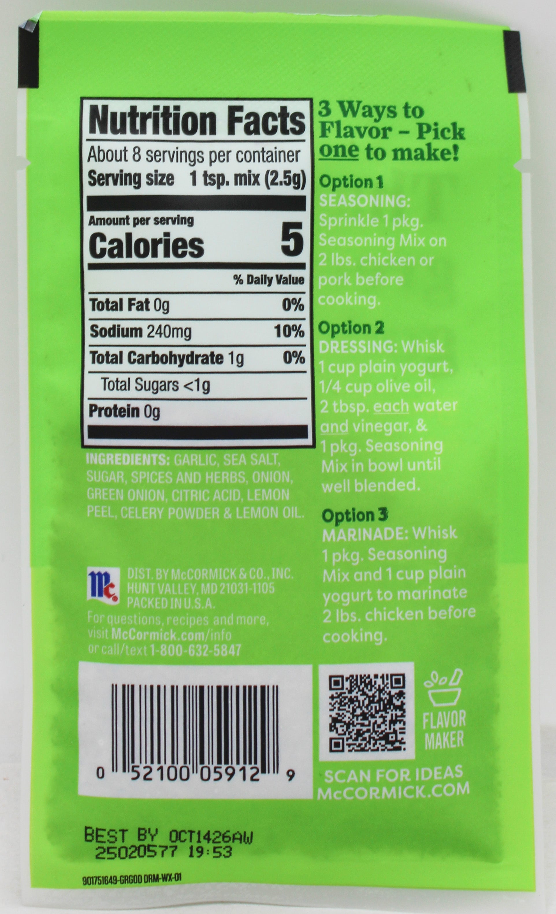 MCCORMICK FLAVOR MAKER GREEN GODDESS SEASONING MIX .75 Oz BB 10/14/2026
