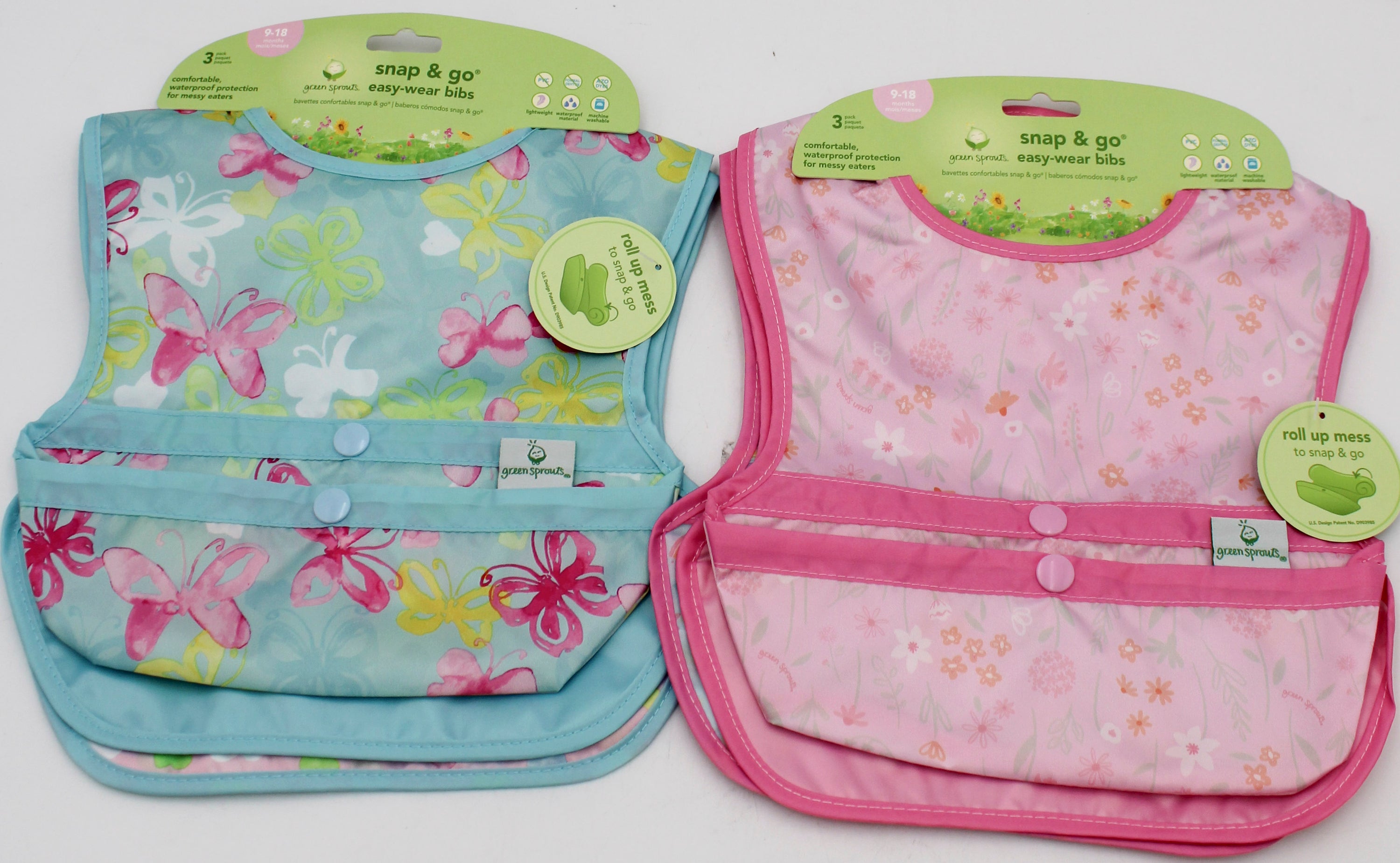 O2COOL 3PK SNAP & GO EASY-WEAR PULL-OVER BIB -AQUA WATERCOLOR BUTTERFLIES & PINK WILDFLOWERS - 9MO-18MO