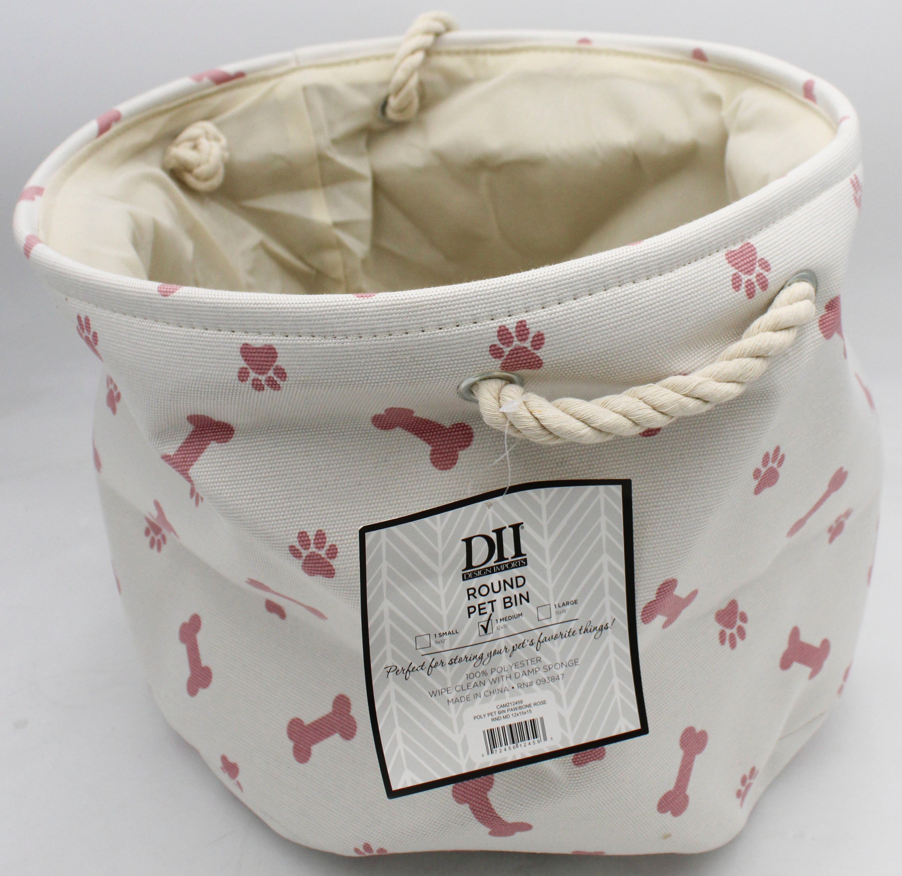 POLYESTER PET BIN PAW/BONE ROSE ROUND MEDIUM 12x15x15*